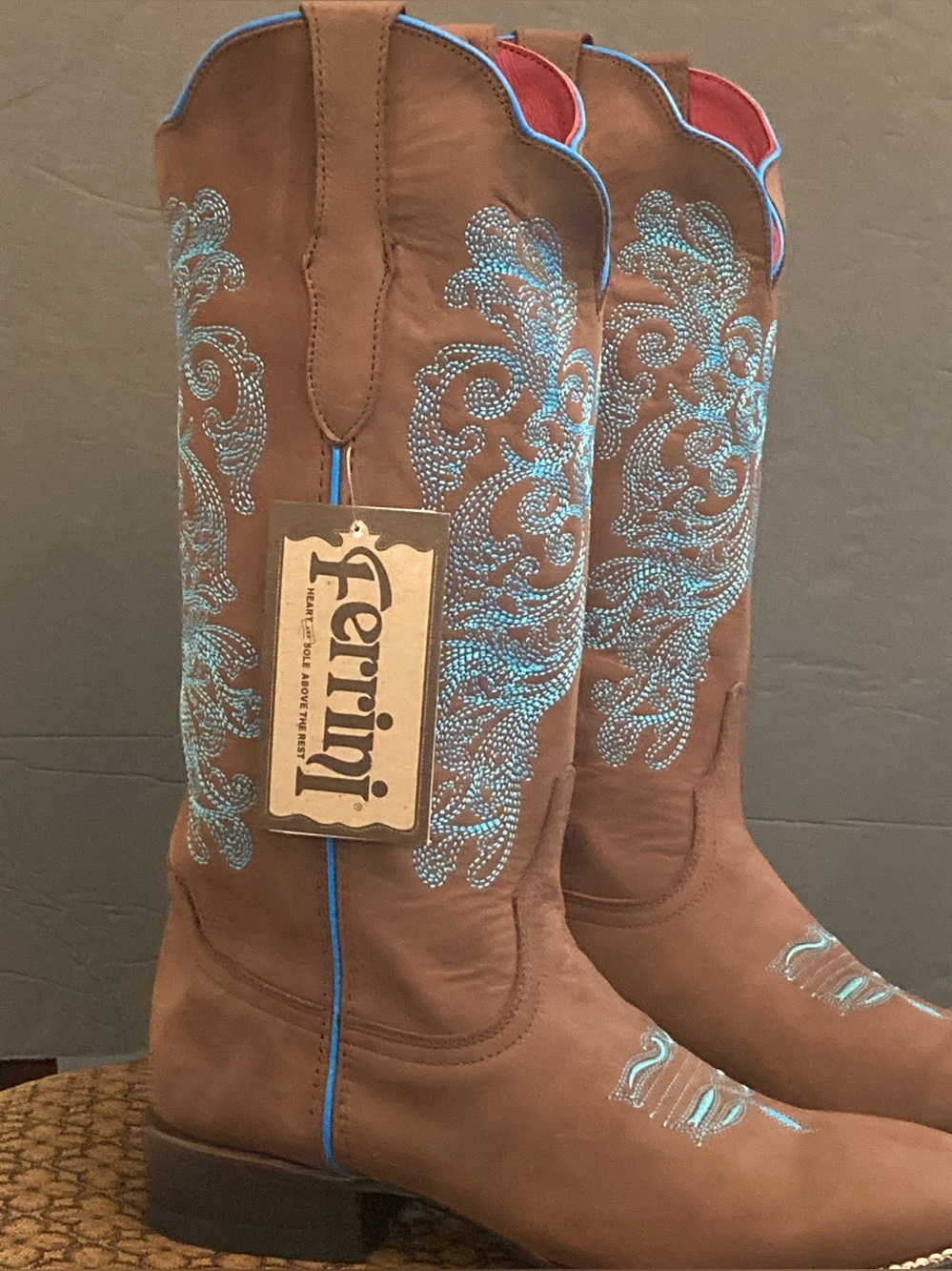 Ferrini Brown Boots with Turquoise Stitching